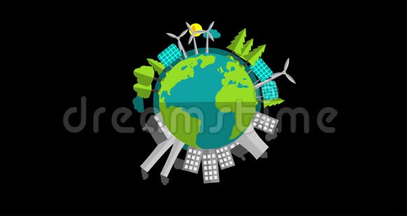 污染与地球上可持续绿色能源4k平面矢量动画视频与阿尔法频道视频的预览图