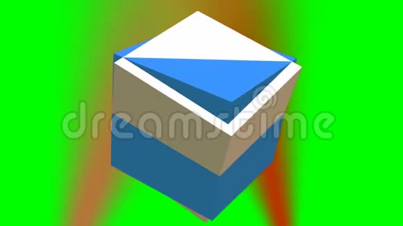 在绿色屏幕上旋转由两个立方体组成的抽象三维几何体红色灯光指向背景视频的预览图