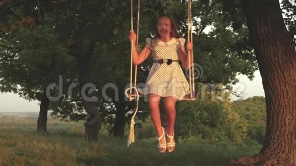 日落时孩子们骑着绳子在公园的橡树树枝上摇摆女孩笑高兴年轻女孩在秋千上荡秋千视频的预览图