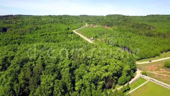 森林中蜿蜒的道路的鸟瞰图剪辑森林中道路的俯视图森林中的公路视频的预览图