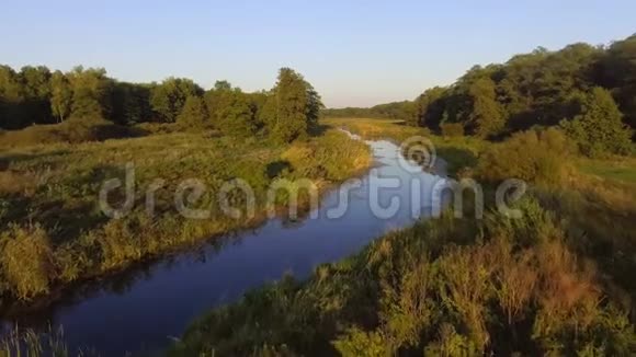 空中观景台飞越美丽的河流和美丽的森林视频的预览图