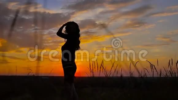 日落时分站在田野里的美丽女孩慢动作视频视频的预览图