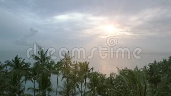 从海上无人驾驶飞机海滨海滩棕榈树俯瞰日出期间印度尼西亚巴厘岛视频的预览图