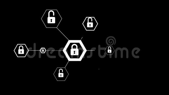 4K动画六边形带锁图标的网络安全挂锁网络技术概念黑色背景视频的预览图