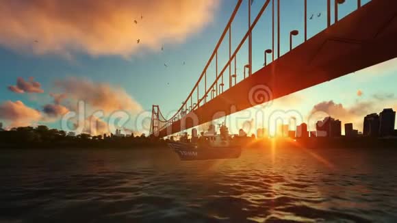 哥登盖特大桥渔船缩小美丽的日出视频的预览图