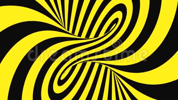 黑色和黄色的迷幻光学错觉抽象催眠动画背景螺旋几何环形壁纸视频的预览图