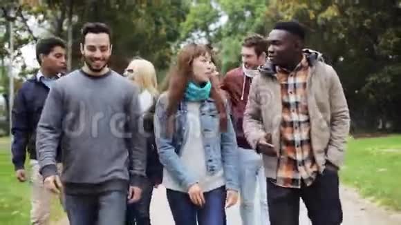 快乐的朋友沿着秋天的公园散步视频的预览图