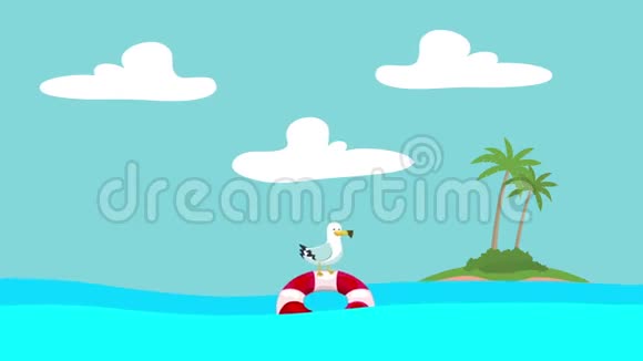 卡通海鸥站在漂浮在海波与灯塔之间的救生圈上视频的预览图