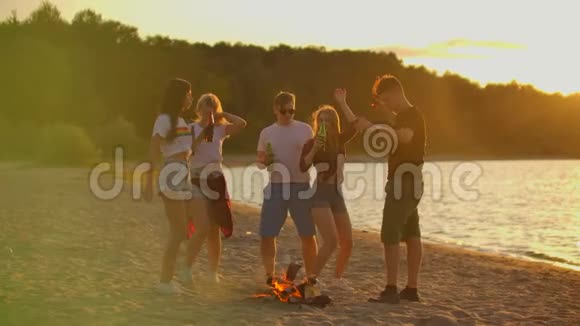 沙滩上篝火旁的露天派对视频的预览图