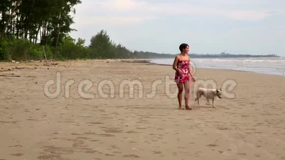 亚洲女人在海滩上锻炼她的狗视频的预览图