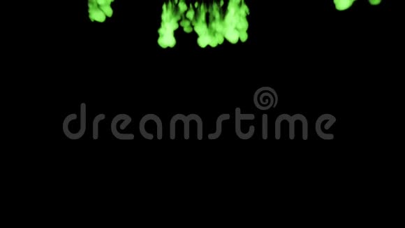 荧光亮绿色颜料在水中卷曲多滴墨水这是3D渲染镜头的慢动作墨水视频的预览图