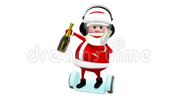 3D圣诞老人的动画耳机里放着香槟视频的预览图