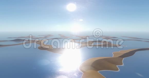 在沙漠中飞越阳光湖蜿蜒的沙丘和蓝天视频的预览图