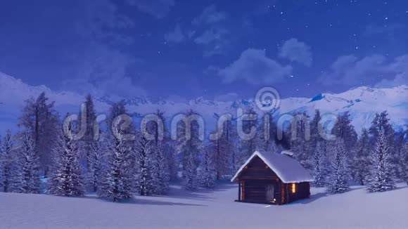 冬夜高山上的独栋木屋视频的预览图