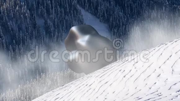 神秘的漂浮物飞碟覆盖着雪域的风景三维渲染无缝循环动画视频的预览图