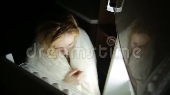 女人晚上打开冰箱暴食症三明治糕点视频的预览图