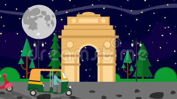 在一个满月之夜在德里的卡通印度之门车夫经过视频的预览图