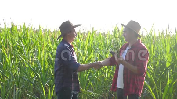 团队合作智慧农牧概念慢动作视频两个男人农艺师两个农民握手团队合作生意视频的预览图