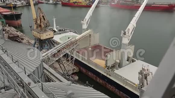 港口筒仓码头散货船干散货船开仓装载粮食全景图视频的预览图