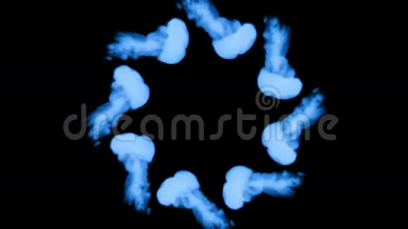 荧光蓝墨水或烟雾形成恒星在黑色上缓慢地分离蓝色混合在水中使用墨水视频的预览图