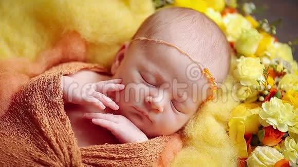 可爱的小新生婴儿睡在花丛里视频的预览图