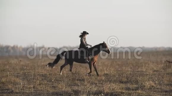 日出时骑马的美女棕马女牛仔视频的预览图