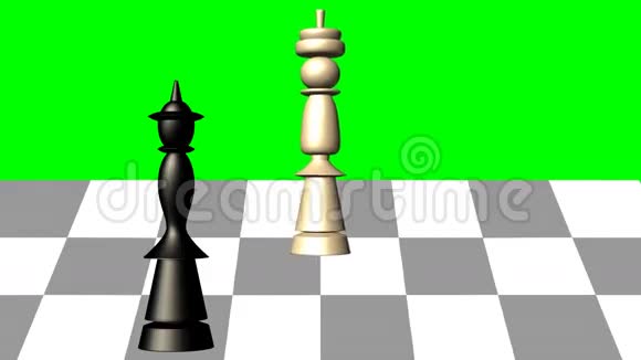 3D国际象棋场景黑皇后把垫子交给白王绿色屏幕上的动画视频的预览图