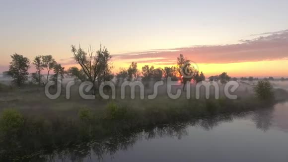 日出时的鸟瞰河流飞越晨雾的河流视频的预览图