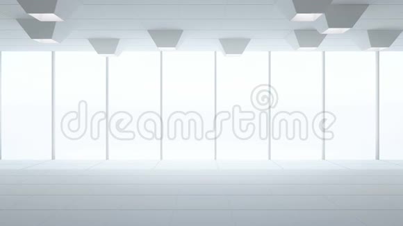 空展厅的瓷砖地板和窗户新办公室的现代室内设计白色背景环视频的预览图