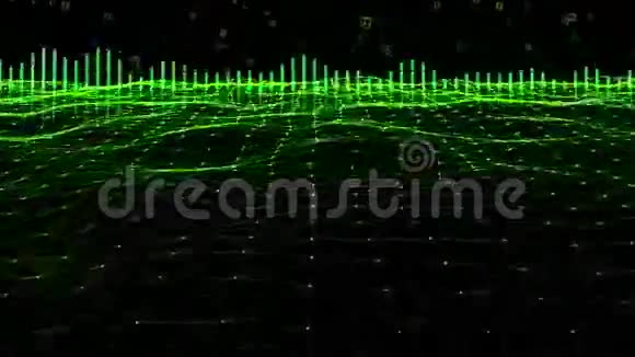 绿色声波立体均衡器无缝三维抽象动画三维几何多边形抽象地形线框运动视频的预览图