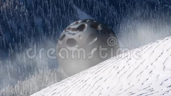 神秘的漂浮物飞碟覆盖着雪域的风景三维渲染无缝循环动画视频的预览图