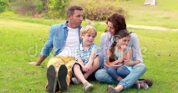 幸福的家庭坐在草地上视频的预览图