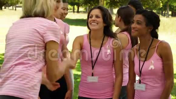 在公园举行的提高乳腺癌意识活动中快乐的妇女会议视频的预览图