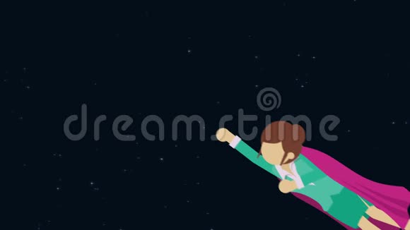 超级英雄女商人穿着西装披风飞行企业领导力和成功理念循环动画的平面风格视频的预览图