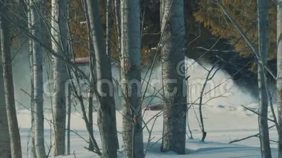 拖拉机从森林的冬季道路上清除积雪视频的预览图