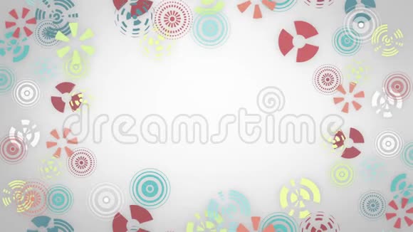 白色背景上镶嵌的五彩雪花抽象圆形动画高科技背景带圆圈视频的预览图