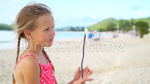 可爱的小女孩在海滩上玩得很开心流动人口视频的预览图