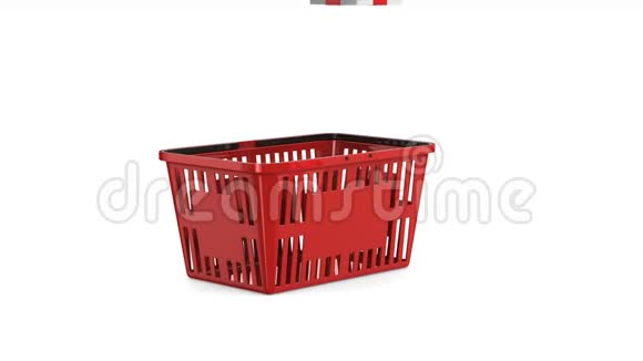 白色背景下红色购物篮中的礼品盒孤立的三维渲染视频的预览图