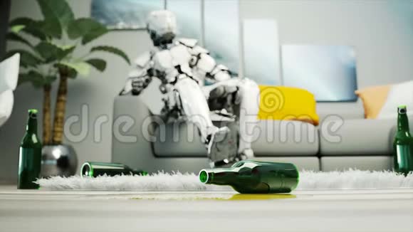 机器人坐在沙发上别紧张未来的概念逼真的4K动画视频的预览图