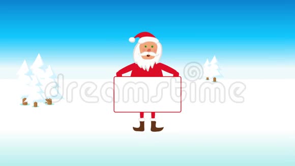 圣诞老人打开一个白色干净的招牌然后把它折叠在雪地背景动画上视频的预览图