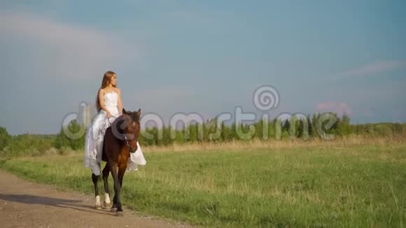 穿着白色连衣裙的女孩骑着马新娘骑马在田野里视频的预览图