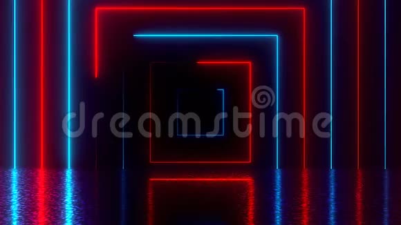 带有反射的抽象方形霓虹灯隧道计算机生成背景三维渲染视频的预览图