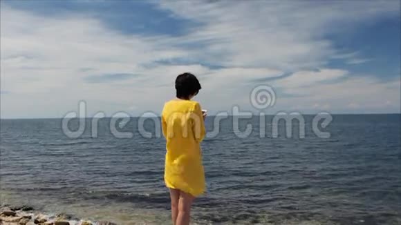 有魅力的女人在海上使用智能手机视频的预览图