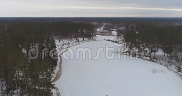 空中飞行在冰冻的河流与冰松林之间视频的预览图