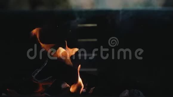 慢动作烧烤营地木炭烤炉火和颗粒视频的预览图