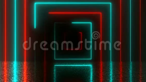 带有反射的抽象方形霓虹灯隧道计算机生成背景三维渲染视频的预览图