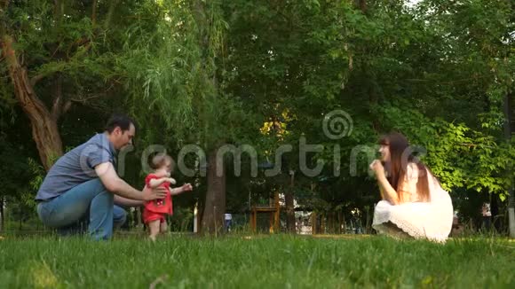 夏天孩子们在公园的草坪上迈出第一步爸爸妈妈学会走路视频的预览图