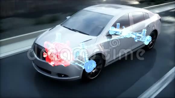 汽车引擎做X光检查开高速公路现实的4k动画视频的预览图