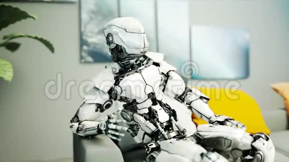 机器人坐在沙发上别紧张未来的概念逼真的4K动画视频的预览图