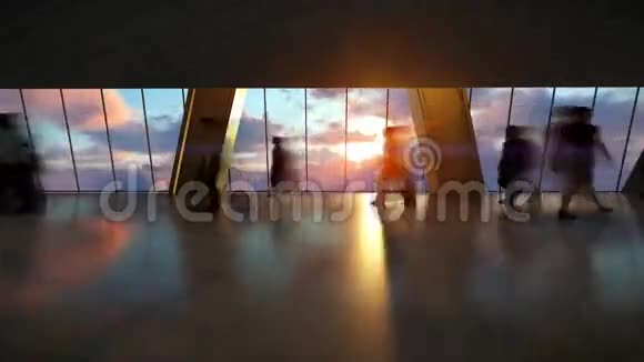 商务人士剪影步行通勤后景城市天际线在日落时间推移视频的预览图